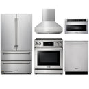 Thor Kitchen 5-Piece Appliance Package - 30" Electric Range with Tilt Panel, French Door Refrigerator, Pro-Style Wall Mount Hood, Dishwasher, and Microwave Drawer in Stainless Steel