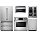 Thor Kitchen 5-Piece Appliance Package - 36" Gas Range with Tilt Panel, French Door Refrigerator, Dishwasher, Microwave Drawer, & Wine Cooler in Stainless Steel