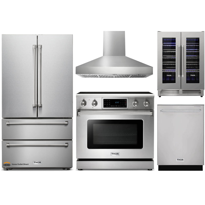Thor Kitchen 5-Piece Appliance Package - 36" Electric Range with Tilt Panel, French Door Refrigerator, Pro-Style Wall Mount Hood, Dishwasher, & Wine Cooler in Stainless Steel