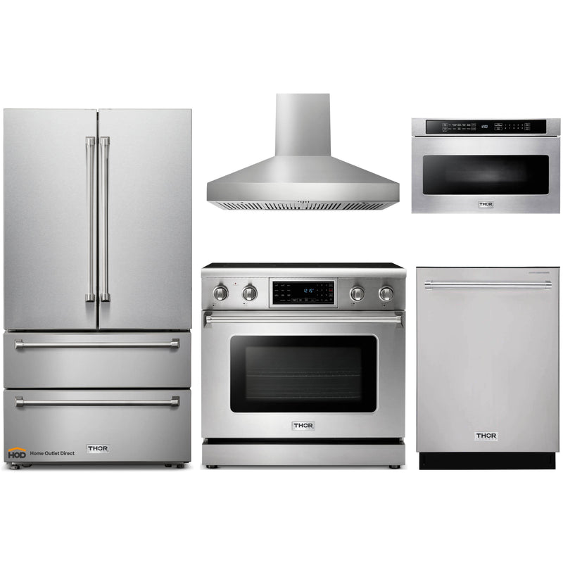 Thor Kitchen 5-Piece Appliance Package - 36" Electric Range with Tilt Panel, French Door Refrigerator, Pro-Style Wall Mount Hood, Dishwasher, and Microwave Drawer in Stainless Steel