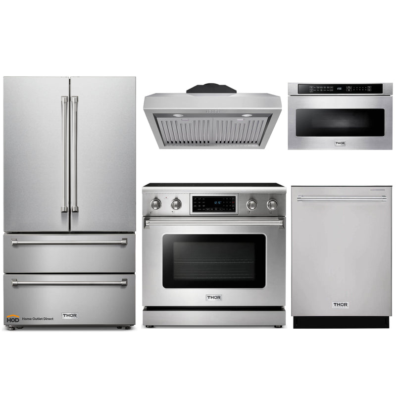 Thor Kitchen 5-Piece Appliance Package - 36" Electric Range with Tilt Panel, French Door Refrigerator, Under Cabinet Hood, Dishwasher, and Microwave Drawer in Stainless Steel