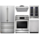 Thor Kitchen 5-Piece Appliance Package - 30" Gas Range with Tilt Panel, French Door Refrigerator, Under Cabinet Hood, Dishwasher, and Wine Cooler in Stainless Steel