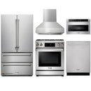 Thor Kitchen 5-Piece Appliance Package - 30" Gas Range with Tilt Panel, French Door Refrigerator, Pro-Style Wall Mount Hood, Dishwasher, and Microwave Drawer in Stainless Steel