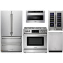 Thor Kitchen 5-Piece Appliance Package - 36" Gas Range with Tilt Panel, French Door Refrigerator, Dishwasher, Microwave Drawer, & Wine Cooler in Stainless Steel