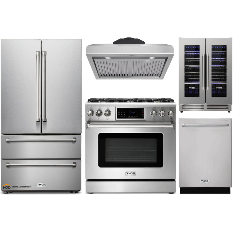 Thor Kitchen 5-Piece Appliance Package - 36" Gas Range with Tilt Panel, French Door Refrigerator, Under Cabinet Hood, Dishwasher, and Wine Cooler in Stainless Steel