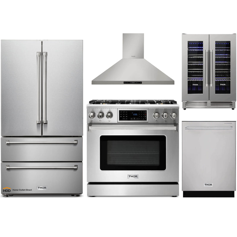 Thor Kitchen 5-Piece Appliance Package - 36" Gas Range with Tilt Panel, French Door Refrigerator, Wall Mount Hood, Dishwasher, and Wine Cooler in Stainless Steel
