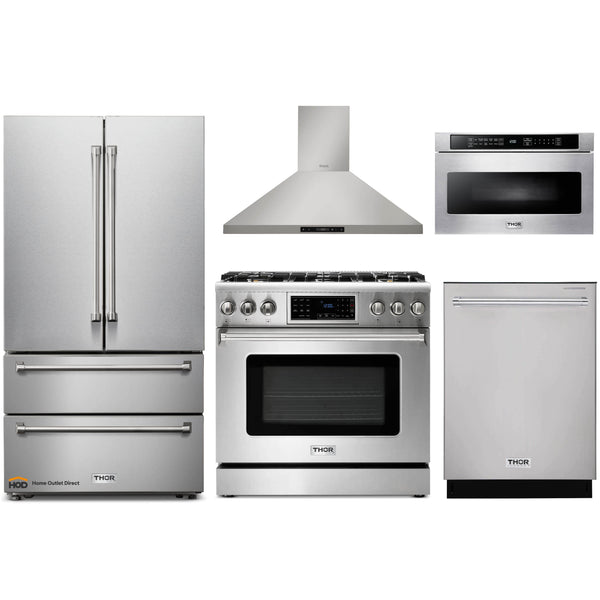 Thor Kitchen 5-Piece Appliance Package - 36" Gas Range with Tilt Panel, French Door Refrigerator, Wall Mount Hood, Dishwasher, and Microwave Drawer in Stainless Steel