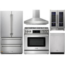 Thor Kitchen 5-Piece Appliance Package - 36" Gas Range with Tilt Panel, French Door Refrigerator, Pro-Style Wall Mount Hood, Dishwasher, and Wine Cooler in Stainless Steel