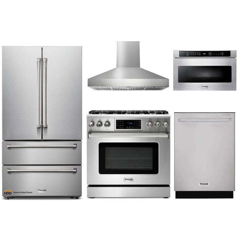Thor Kitchen 5-Piece Appliance Package - 36" Gas Range with Tilt Panel, French Door Refrigerator, Pro-Style Wall Mount Hood, Dishwasher, and Microwave Drawer in Stainless Steel