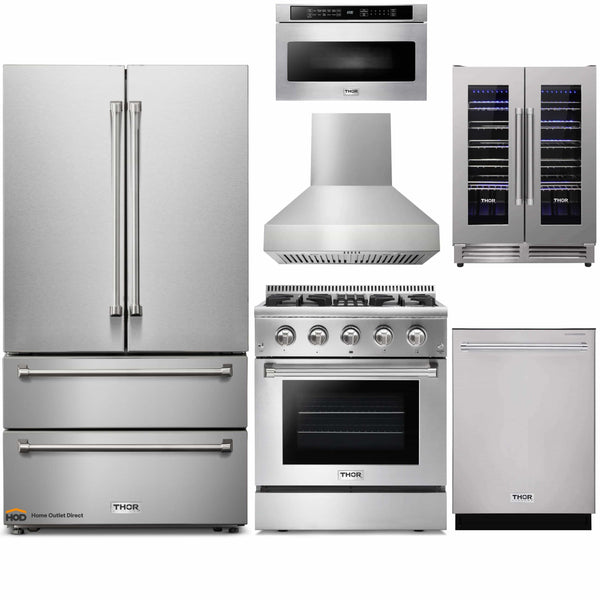 Thor Kitchen 6-Piece Pro Appliance Package - 30" Dual Fuel Range, French Door Refrigerator, Pro-Style Wall Mount Hood, Dishwasher, Microwave Drawer, & Wine Cooler in Stainless Steel
