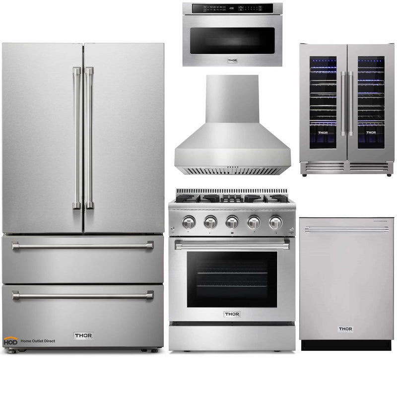 Thor Kitchen 6-Piece Pro Appliance Package - 30" Dual Fuel Range, French Door Refrigerator, Pro-Style Wall Mount Hood, Dishwasher, Microwave Drawer, & Wine Cooler in Stainless Steel