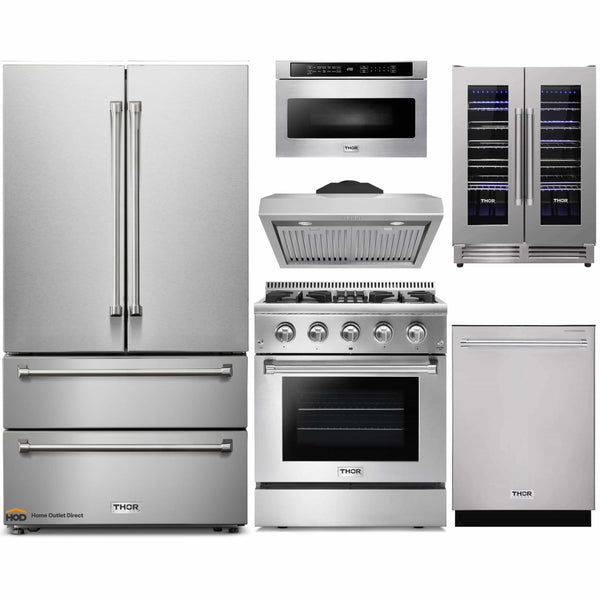 Thor Kitchen 6-Piece Pro Appliance Package - 30" Dual Fuel Range, French Door Refrigerator, Under Cabinet Hood, Dishwasher, Microwave Drawer, and Wine Cooler in Stainless Steel