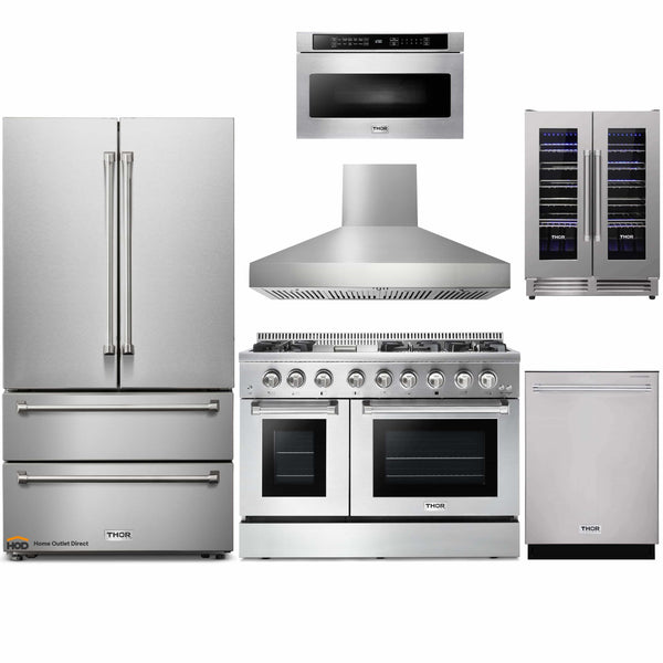 Thor Kitchen 6-Piece Pro Appliance Package - 48" Dual Fuel Range, French Door Refrigerator, Dishwasher, Pro Wall Mount Hood, Microwave Drawer, & Wine Cooler in Stainless Steel