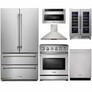 Thor Kitchen 6-Piece Appliance Package - 30" Electric Range, French Door Refrigerator, Wall Mount Hood, Dishwasher, Microwave Drawer, & Wine Cooler in Stainless Steel