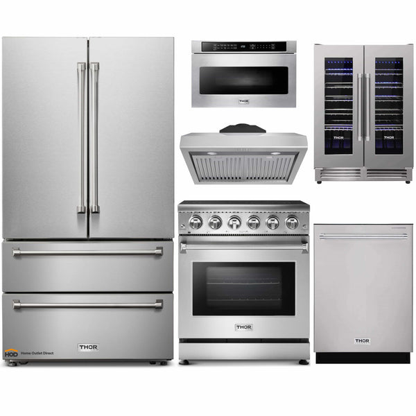 Thor Kitchen 6-Piece Appliance Package - 30" Electric Range, French Door Refrigerator, Under Cabinet Hood, Dishwasher, Microwave Drawer, & Wine Cooler in Stainless Steel