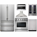 Thor Kitchen 6-Piece Appliance Package - 36" Electric Range, French Door Refrigerator, Wall Mount Hood, Dishwasher, Microwave Drawer, & Wine Cooler in Stainless Steel