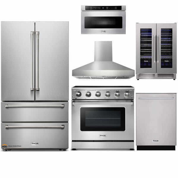 Thor Kitchen 6-Piece Appliance Package - 36" Electric Range, French Door Refrigerator, Pro-Style Wall Mount Hood, Dishwasher, Microwave Drawer, & Wine Cooler in Stainless Steel