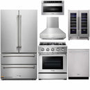 Thor Kitchen 6-Piece Pro Appliance Package - 30" Gas Range, French Door Refrigerator, Pro-Style Wall Mount Hood, Dishwasher, Microwave Drawer, & Wine Cooler in Stainless Steel
