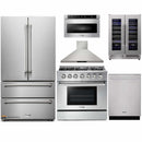 Thor Kitchen 6-Piece Pro Appliance Package - 36" Gas Range, French Door Refrigerator, Wall Mount Hood, Dishwasher, Microwave Drawer, & Wine Cooler in Stainless Steel
