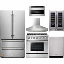 Thor Kitchen 6-Piece Pro Appliance Package - 36" Gas Range, French Door Refrigerator, Pro-Style Wall Mount Hood, Dishwasher, Microwave Drawer, & Wine Cooler in Stainless Steel