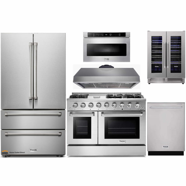 Thor Kitchen 6-Piece Pro Appliance Package - 48" Gas Range, French Door Refrigerator, Dishwasher, Under Cabinet 16.5" Hood, Microwave Drawer, & Wine Cooler in Stainless Steel