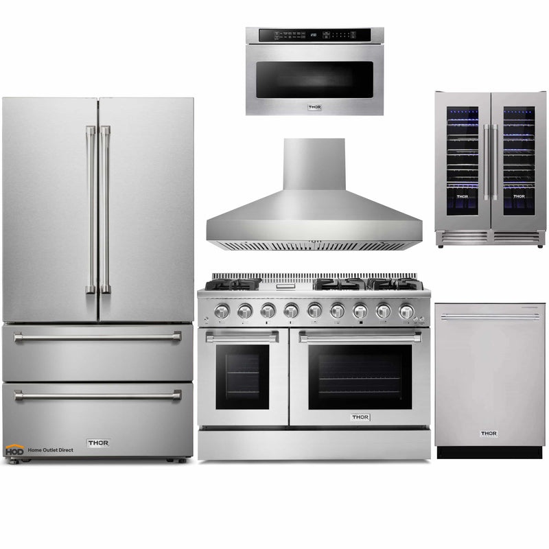 Thor Kitchen 6-Piece Pro Appliance Package - 48" Gas Range, French Door Refrigerator, Dishwasher, Pro Wall Mount Hood, Microwave Drawer, & Wine Cooler in Stainless Steel