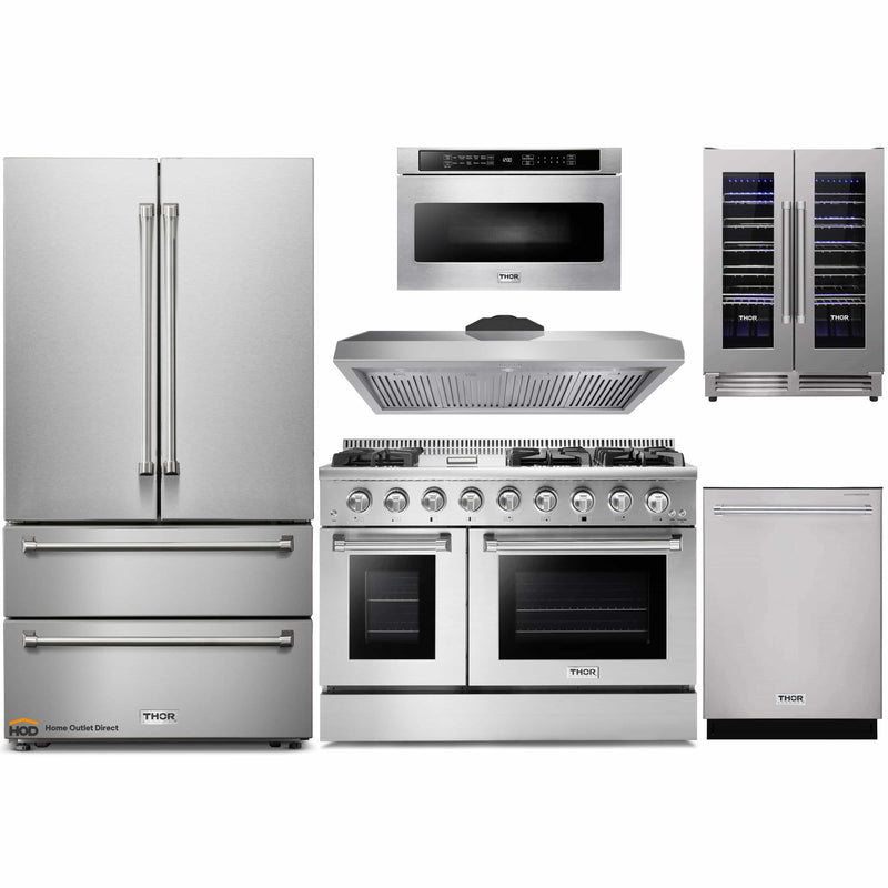 Thor Kitchen 6-Piece Pro Appliance Package - 48" Gas Range, French Door Refrigerator, Dishwasher, Under Cabinet 11" Tall Hood, Microwave Drawer, & Wine Cooler in Stainless Steel