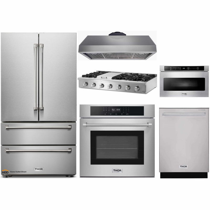 Thor Kitchen 6-Piece Pro Appliance Package - 48" Rangetop, Wall Oven, Under Cabinet 16.5" Tall Hood, Refrigerator, Dishwasher, & Microwave Drawer in Stainless Steel