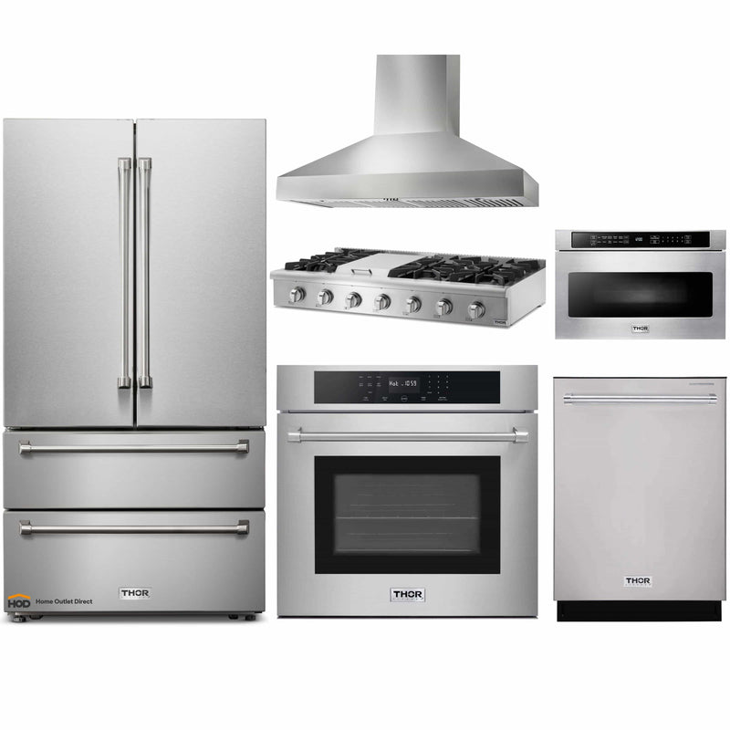 Thor Kitchen 6-Piece Pro Appliance Package - 48" Rangetop, Wall Oven, Pro Wall Mount Hood, Refrigerator, Dishwasher, & Microwave Drawer in Stainless Steel