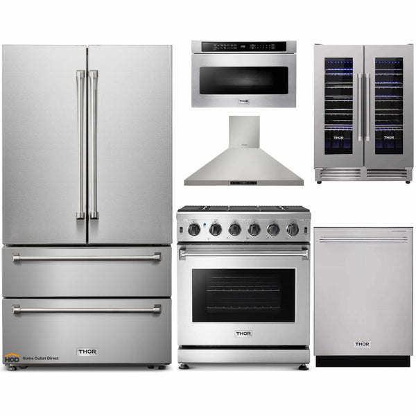 Thor Kitchen 6-Piece Appliance Package - 30" Gas Range with Tilt Panel, French Door Refrigerator, Wall Mount Hood, Dishwasher, Microwave Drawer, and Wine Cooler in Stainless Steel