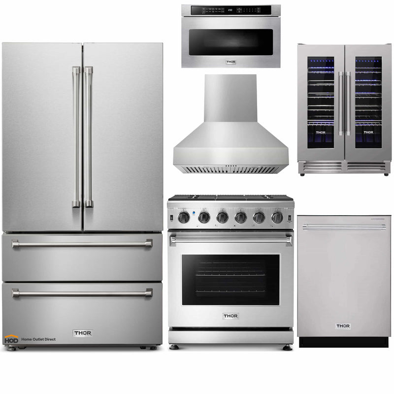 Thor Kitchen 6-Piece Appliance Package - 30" Gas Range, French Door Refrigerator, Pro-Style Wall Mount Hood, Dishwasher, Microwave Drawer, and Wine Cooler in Stainless Steel