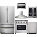 Thor Kitchen 6-Piece Appliance Package - 36" Gas Range, French Door Refrigerator, Pro-Style Wall Mount Hood, Dishwasher, Microwave Drawer, & Wine Cooler in Stainless Steel