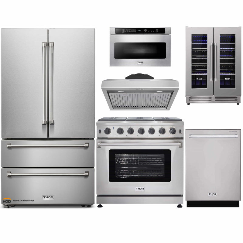 Thor Kitchen 6-Piece Appliance Package - 36" Gas Range, French Door Refrigerator, Under Cabinet Hood, Dishwasher, Microwave Drawer, and Wine Cooler in Stainless Steel