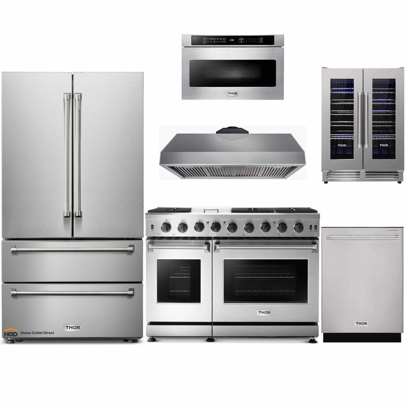 Thor Kitchen 6-Piece Appliance Package - 48" Gas Range, French Door Refrigerator, Under Cabinet 16.5" Tall Hood, Dishwasher, Microwave Drawer, and Wine Cooler in Stainless Steel