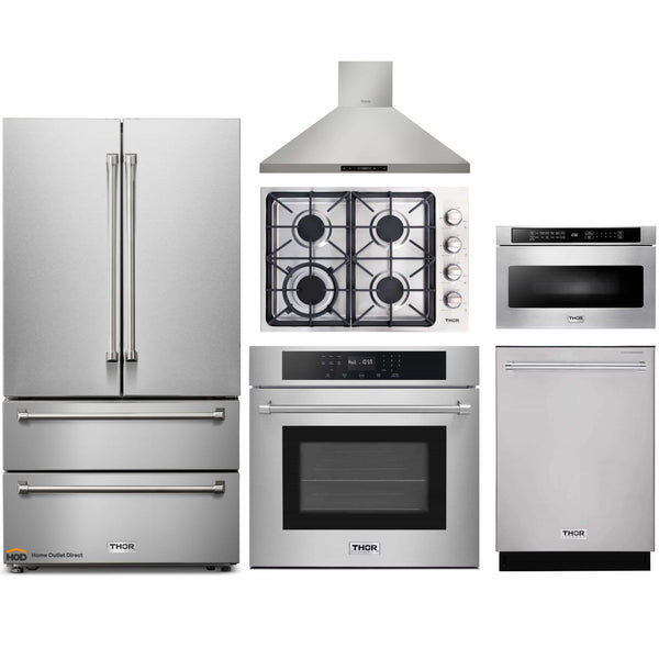 Thor Kitchen 6-Piece Pro Appliance Package - 30" Cooktop, Wall Oven, Wall Mount Hood, Refrigerator, Dishwasher, & Microwave Drawer in Stainless Steel