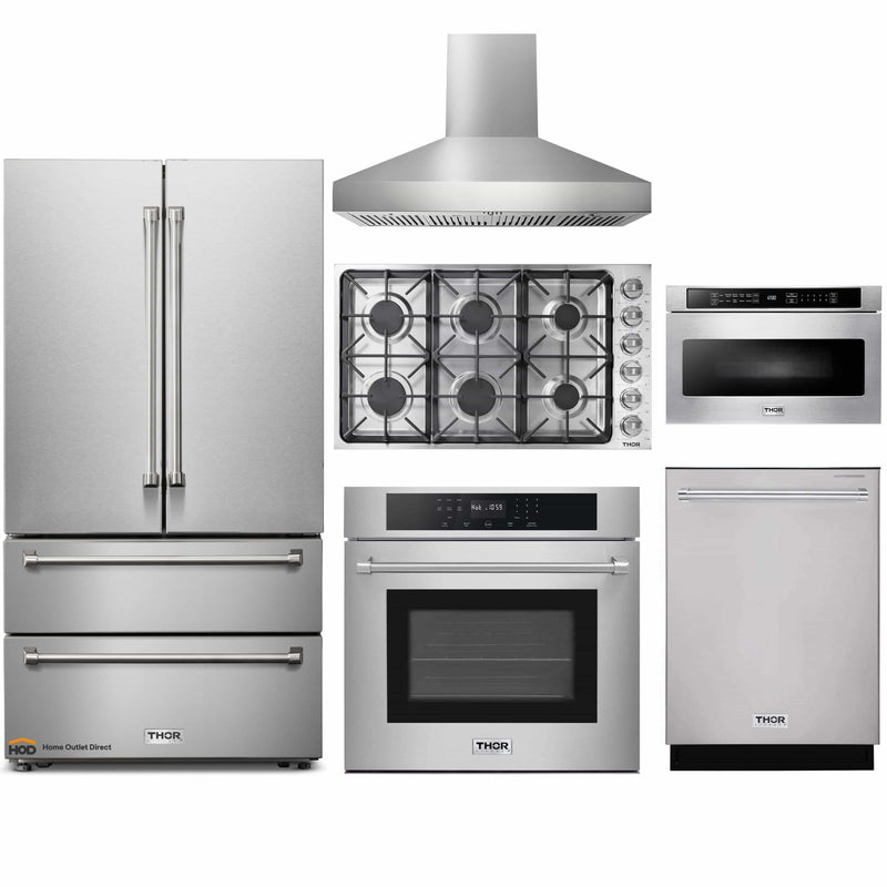 Thor Kitchen 6-Piece Pro Appliance Package - 36" Cooktop, Wall Oven, Pro-Style Wall Mount Hood, Refrigerator, Dishwasher & Microwave Drawer in Stainless Steel