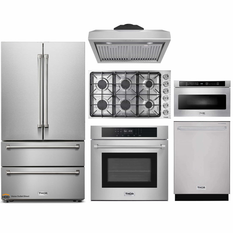 Thor Kitchen 6-Piece Pro Appliance Package - 36" Cooktop, Wall Oven, Under Cabinet Hood, Refrigerator, Dishwasher & Microwave Drawer in Stainless Steel