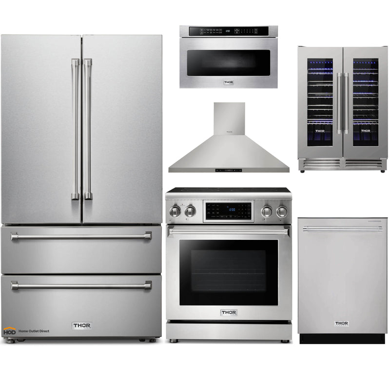 Thor Kitchen 6-Piece Appliance Package - 30" Electric Range with Tilt Panel, French Door Refrigerator, Wall Mount Hood, Dishwasher, Microwave Drawer, & Wine Cooler in Stainless Steel