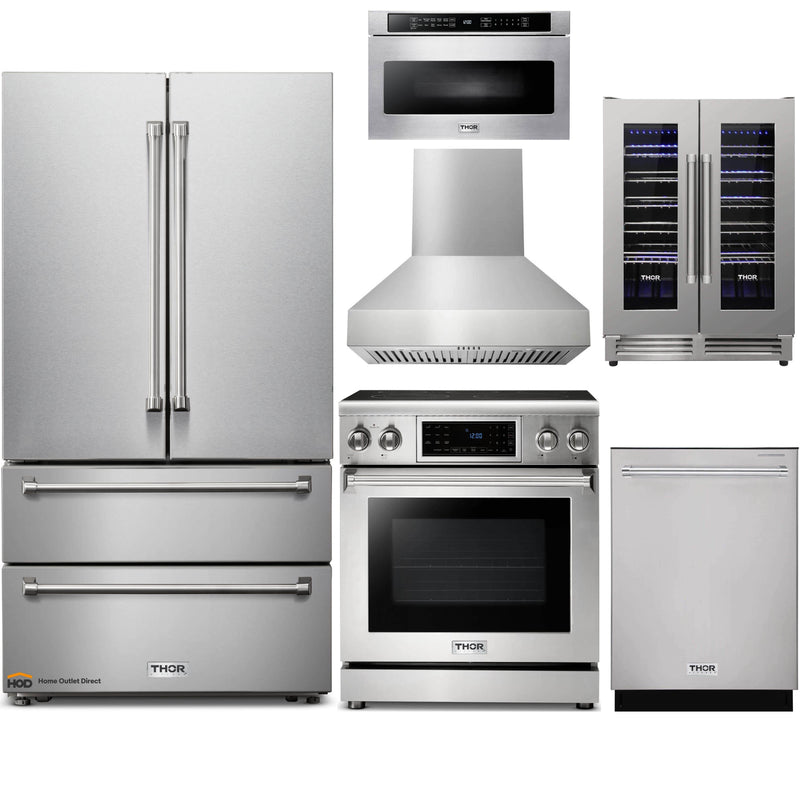 Thor Kitchen 6-Piece Appliance Package - 30" Electric Range with Tilt Panel, French Door Refrigerator, Pro-Style Wall Mount Hood, Dishwasher, Microwave Drawer, & Wine Cooler in Stainless Steel