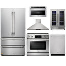 Thor Kitchen 6-Piece Appliance Package - 36" Electric Range with Tilt Panel, French Door Refrigerator, Wall Mount Hood, Dishwasher, Microwave Drawer, & Wine Cooler in Stainless Steel