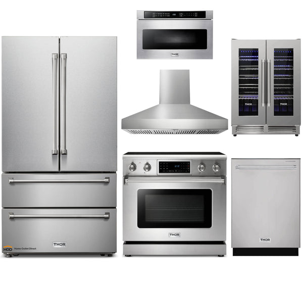 Thor Kitchen 6-Piece Appliance Package - 36" Electric Range with Tilt Panel, French Door Refrigerator, Pro-Style Wall Mount Hood, Dishwasher, Microwave Drawer, & Wine Cooler in Stainless Steel