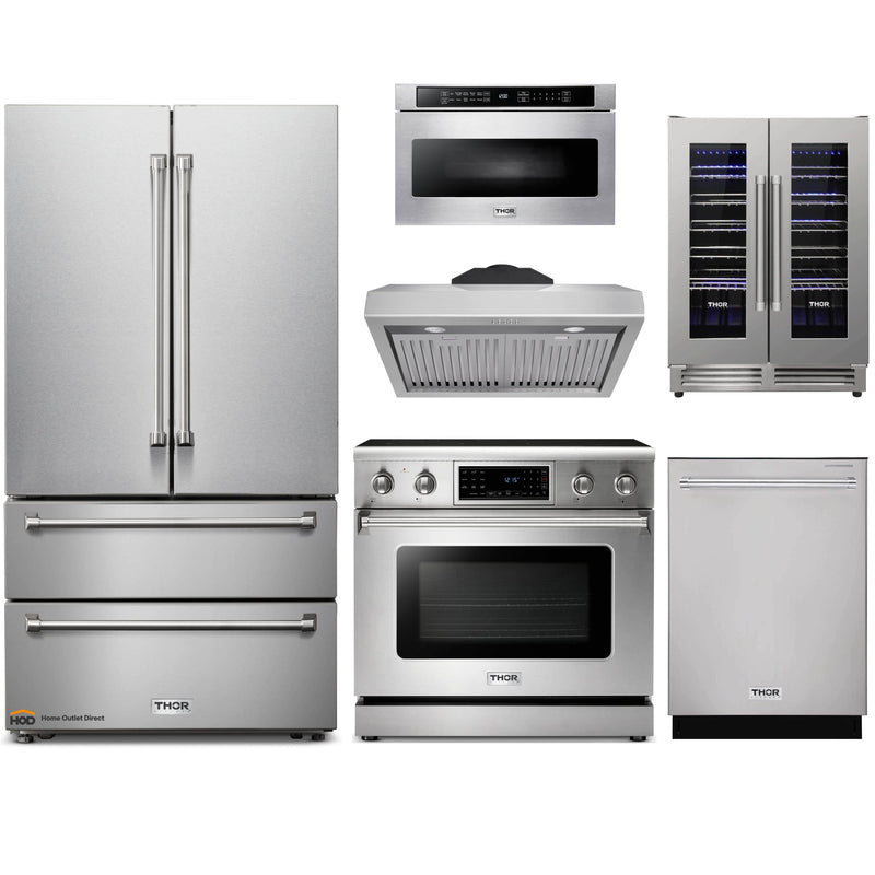 Thor Kitchen 6-Piece Appliance Package - 36" Electric Range with Tilt Panel, French Door Refrigerator, Under Cabinet Hood, Dishwasher, Microwave Drawer, & Wine Cooler in Stainless Steel