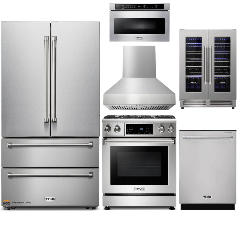 Thor Kitchen 6-Piece Appliance Package - 30" Gas Range with Tilt Panel, French Door Refrigerator, Pro-Style Wall Mount Hood, Dishwasher, Microwave Drawer, and Wine Cooler in Stainless Steel