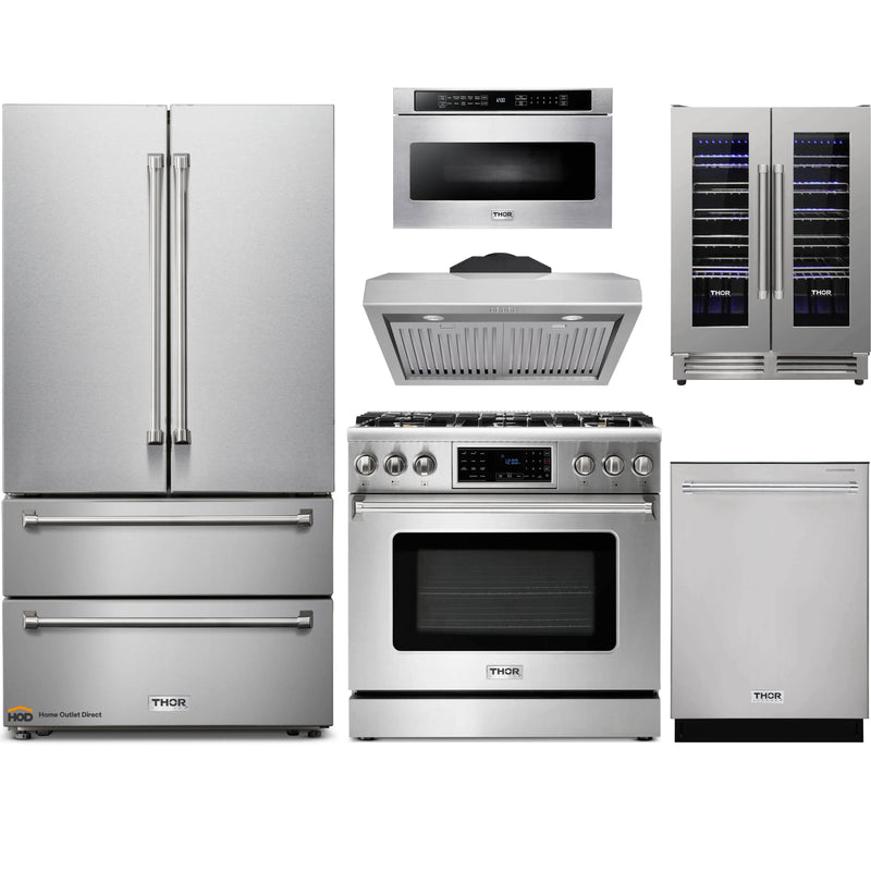 Thor Kitchen 6-Piece Appliance Package - 36" Gas Range with Tilt Panel, French Door Refrigerator, Under Cabinet Hood, Dishwasher, Microwave Drawer, and Wine Cooler in Stainless Steel