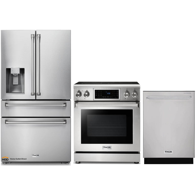 Thor Kitchen 3-Piece Appliance Package - 30-Inch Electric Range with Tilt Panel, Refrigerator with Water Dispenser, & Dishwasher in Stainless Steel