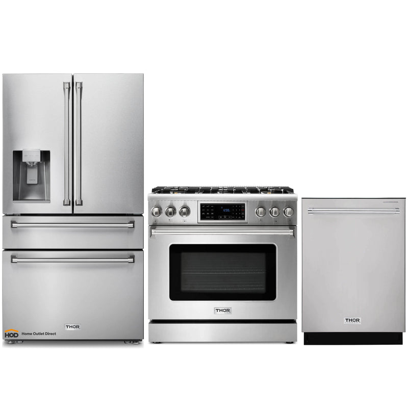Thor Kitchen 3-Piece Appliance Package - 36-Inch Gas Range with Tilt Panel, Dishwasher & Refrigerator with Water Dispenser in Stainless Steel