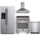 Forno 4-Piece Pro Appliance Package - 30-Inch Dual Fuel Range, Refrigerator with Water Dispenser, Wall Mount Hood, & 3-Rack Dishwasher in Stainless Steel