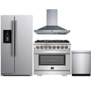 Forno 4-Piece Pro Appliance Package - 36-Inch Dual Fuel Range, Refrigerator with Water Dispenser, Wall Mount Hood, & 3-Rack Dishwasher in Stainless Steel