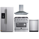 Forno 4-Piece Appliance Package - 36-Inch Gas Range, Refrigerator with Water Dispenser, Wall Mount Hood, & 3-Rack Dishwasher in Stainless Steel