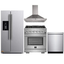 Forno 4-Piece Pro Appliance Package - 30-Inch Gas Range, Refrigerator with Water Dispenser, Wall Mount Hood, & 3-Rack Dishwasher in Stainless Steel